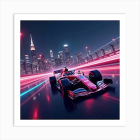 Formula Car Zooming On A Neon Lit Highway, The City Skyline Glowing In Distance 1 Art Print