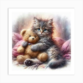 Kitten Hugging Teddy Bear Art Print