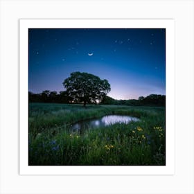 Serene Meadow Moonlit Sky Illustrating Mystery Of The Night Celestial Luminance Filtering Through Art Print