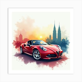 Alfa Romeo 4c Spider Against A Colorful Watercolor Skyline 1 Art Print