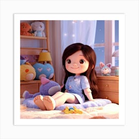 Chibi Style Girl Exuding Joy With A Beaming Smile Nestled Comfortably In Her Warm Bedroom Surroun Art Print