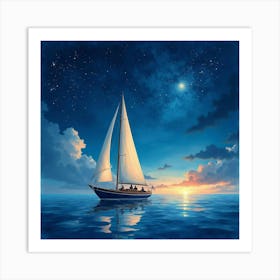 Scenic Sailboat Journey In Watercolor Starry Night 1 Art Print