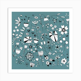 Black White and Teal Green Flower Drawings Art Print