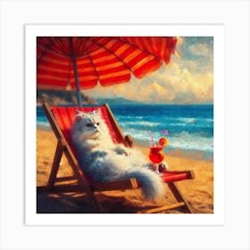 Cat under a Red Umbrella Art Print