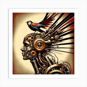 STEAMPUNK AUTOMATON WITH BIRD Art Print