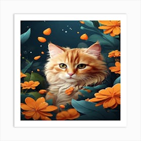 Orange Cat In Flowers Art Print