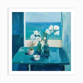 Teal Blue Orchids By The Window Art Print