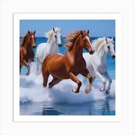 Brown and White Horses Running In The Ocean Art Print