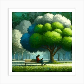 Girl Reading In The Park, Acrylic Painting Style Art Print