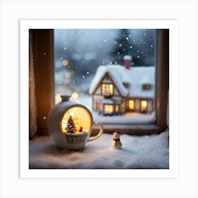 Macro Photo Of A Porcelain Cup Cradling A Miniature House Windows Aglow With Warm Lights Nestled A Art Print