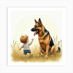 Watercolor Of A German Shepherd Protecting A Child In A Field 1 Art Print