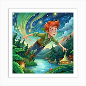 Boy Flying Through A Magical Forest Art Print