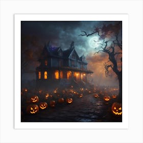 Halloween House With Pumpkins Art Print