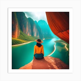 Woman Sitting On Cliff Overlooking Lake 1 Art Print