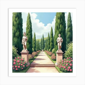 Lush Watercolor Italian Garden With Blooming Flowers And Classic Statues 1 Art Print