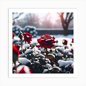 Red Roses in the Snow Covered Garden Art Print