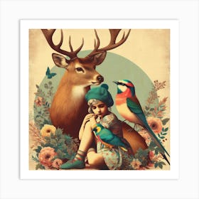 Deer And Bird Art Print