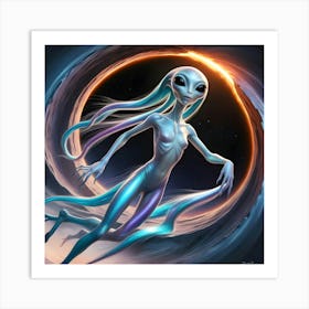 A Mesmerizing, Iridescent Alien Creature With Slender, Elongated Limbs And Large, Black, Almond Shaped Eyes Emerges From A Swirling, Shimmering Wormhole 1 Art Print