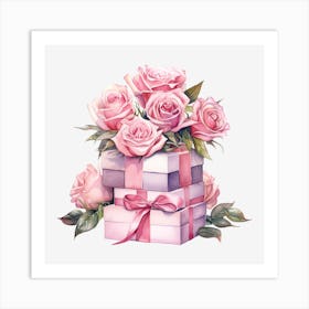 Pink Roses In A Gift Box 4 Art Print