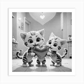 Black and White Kittens Holding A Heart 1 Art Print