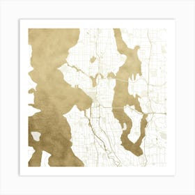 Seattle Gold Map On White Art Print