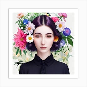 Girl With Flowers On Her Head Art Print