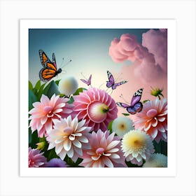 Flowers And Butterflies 1 Art Print