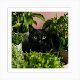 Black Cat In Pots Art Print