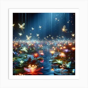 Serene Landscape In A Magical Place With Neon Flowers And Tiny Fairies Art Print
