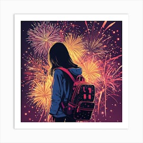 Girl With Backpack In Front Of Fireworks Art Print