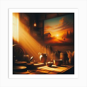 The setting sun casts a warm glow over a rustic kitchen. A wooden table is set with a variety of pottery, including a large jug, a bowl, and several smaller cups. The walls are adorned with a painting of a rural landscape and a collection of antique farm tools. The scene is one of peace and tranquility, and the viewer is invited to relax and enjoy the beauty of the moment. Art Print
