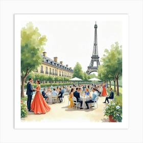 Watercolor Of A Parisian Garden Party With Elegant Guests And Festive Decorations 1 Art Print