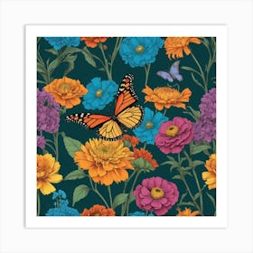 Seamless Pattern With Butterflies And Flowers Art Print