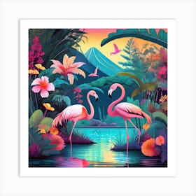 Flamingos In The Jungle 1 Art Print