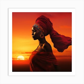 African Woman In Red Turban At Sunset Art Print
