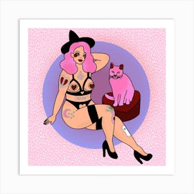 Pink Hair Pin Up Witch And Kitty Cat 2 Square Art Print