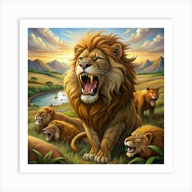 Lion Pride Roaring In The Savanna Art Print