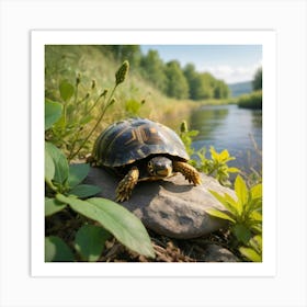 Turtle On A Rock Art Print