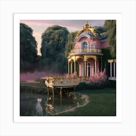 Pink House By The Pond Art Print