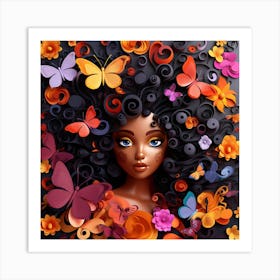 Black Girl With Flowers And Butterflies 1 Art Print