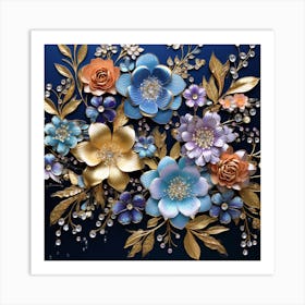 Flowers On A Blue Background Art Print