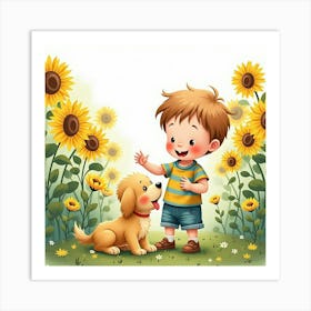 Toddler Playing With A Puppy In A Watercolor Garden Full Of Sunflowers Art Print