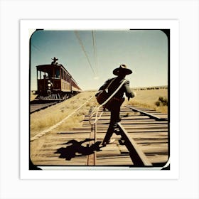 Cowboy On A Train Track Art Print