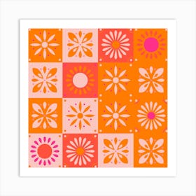 Traditional Portuguese Tiles In Bright Pink And Orange With Floral Motifs Square Art Print