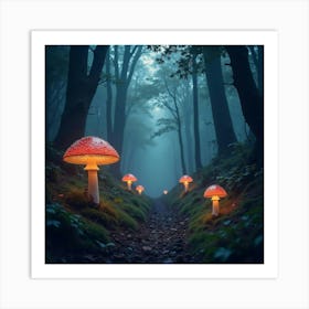 Enchanted Forest With Glowing Mushrooms And Mystical Fog Art Print