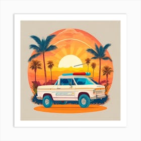 Beach Car At Sunset Art Print