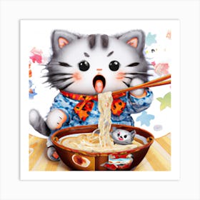 Cat Eating Noodles Art Print