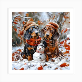 Dachshunds With Snowman Art Print