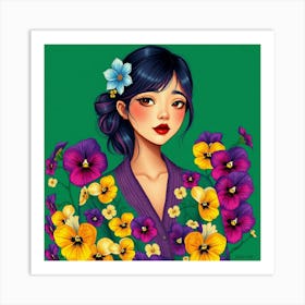 Asian Girl With Pansies Art Print