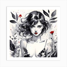 Selective Colour Portrait Of A Beautiful Girl Black And White Painting Square Format Art Print